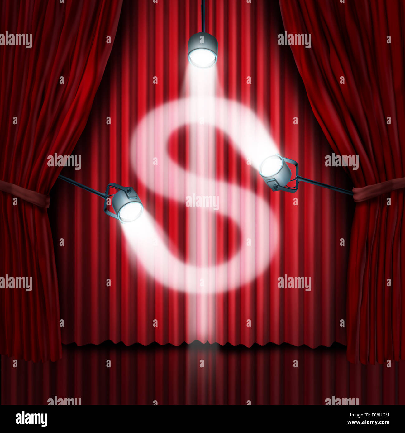 Business presentation or company sales pitch to find investors in a new financial venture as a stage with red silk curtains or drapes with shinning spot lights illuminating in the shape of a dollar sign as a metaphor for raising funds in front of an audie Stock Photo