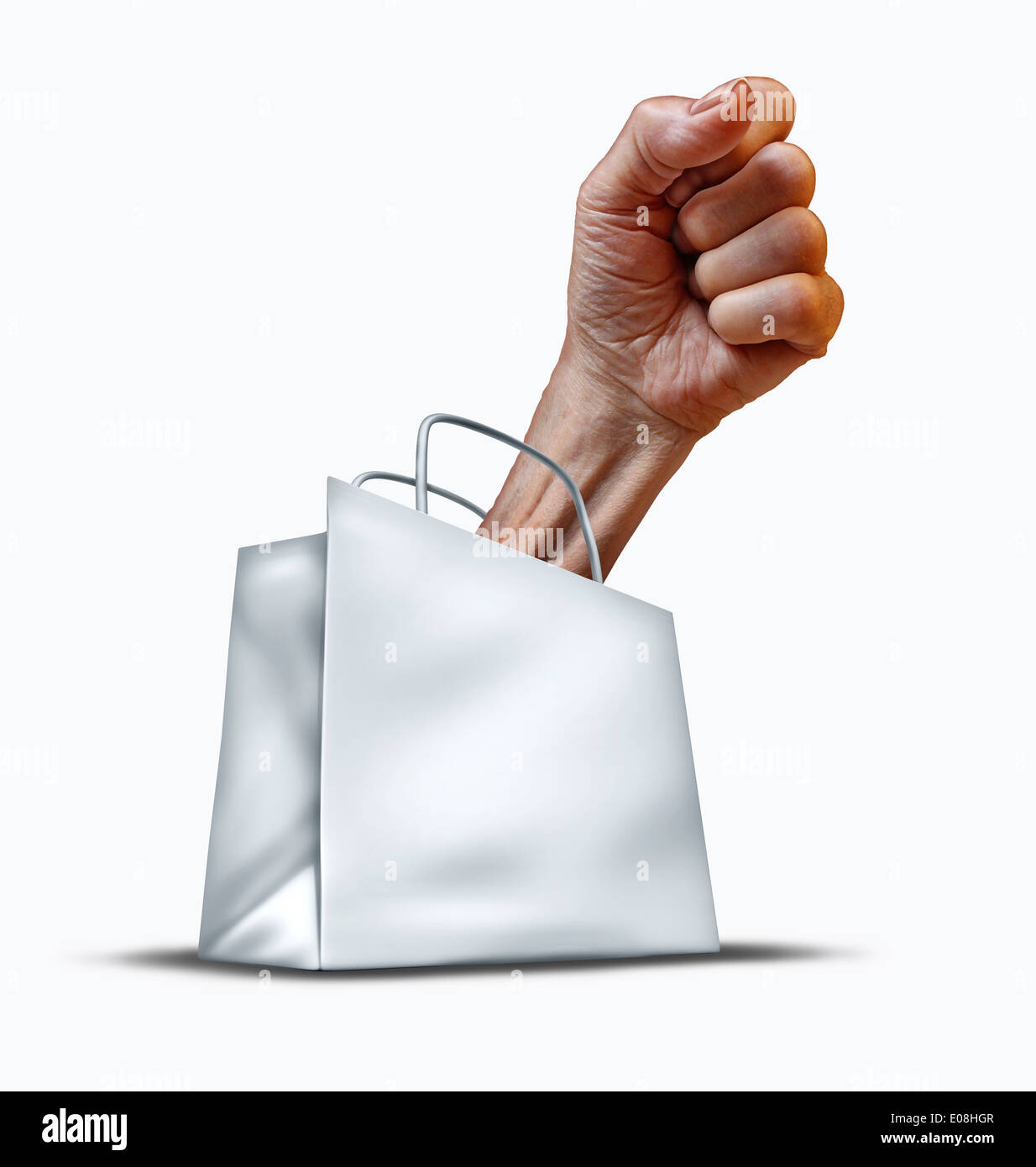 Consumer rights concept and customer protection symbol as a shopping bag with a human fist emerging as a metaphor for the power Stock Photo