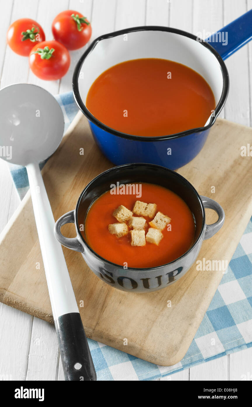 Tomato soup with croutons Stock Photo