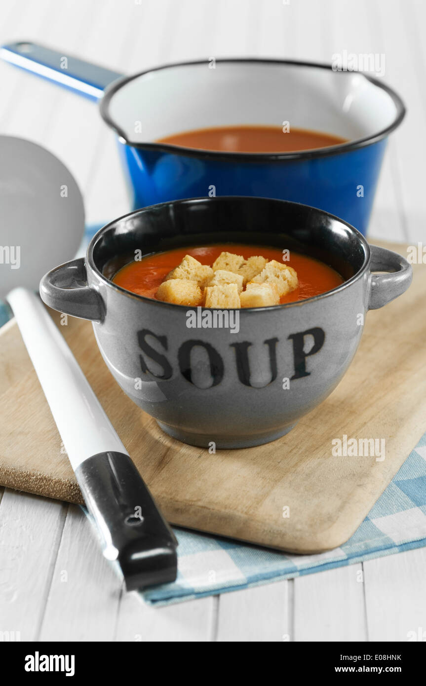 Tomato soup with croutons Stock Photo