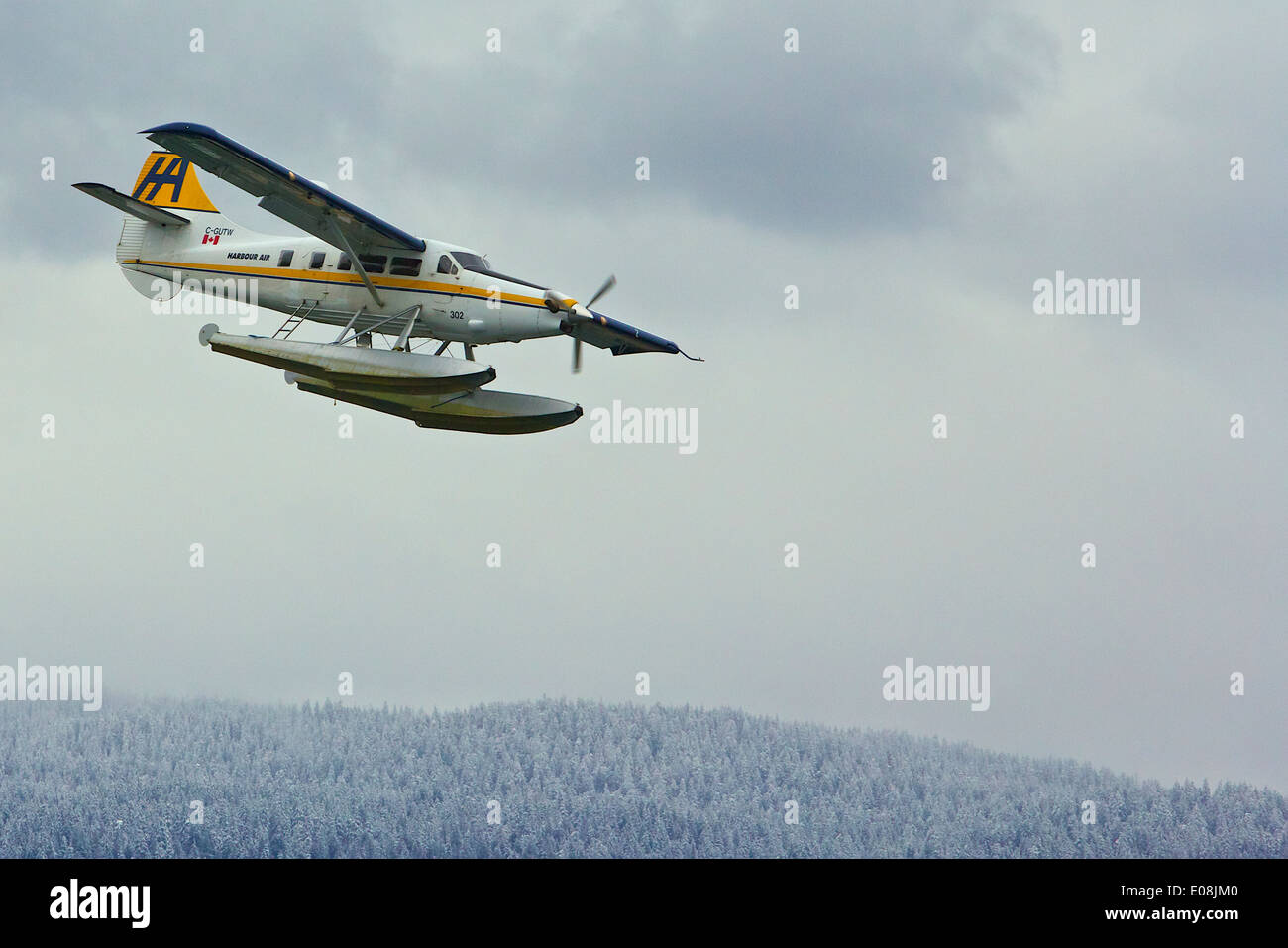 Harbour Air Seaplanes de Havilland Canada Turbo Otter Floatplane Flying Over A Snow Covered Forrest In British Columbia, Canada. Stock Photo