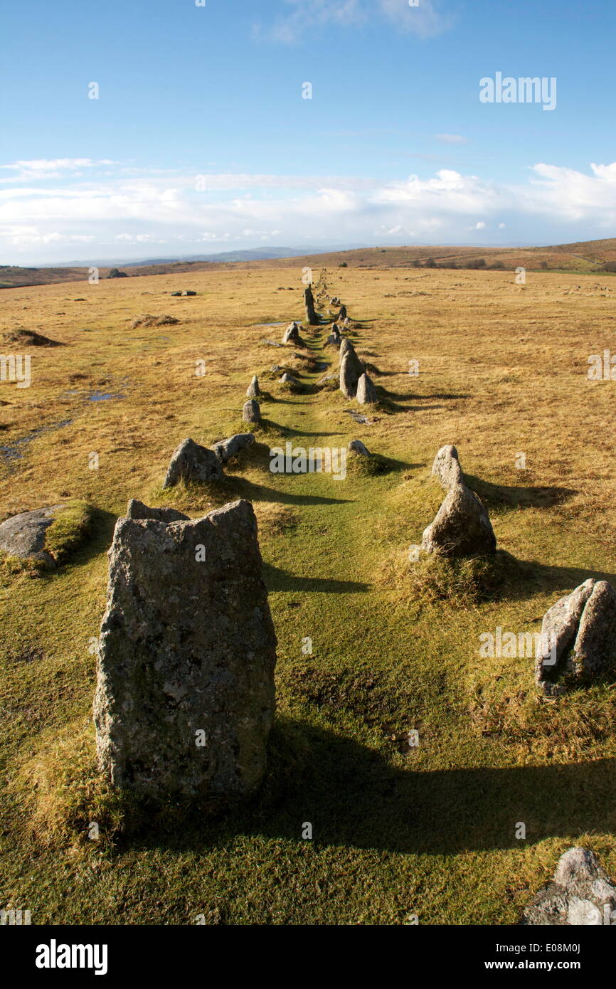 Prehistoric ceremonial lines of stones, Merrivale, Dartmoor National Park, Devon, England, United Kingdom, Europe Stock Photo