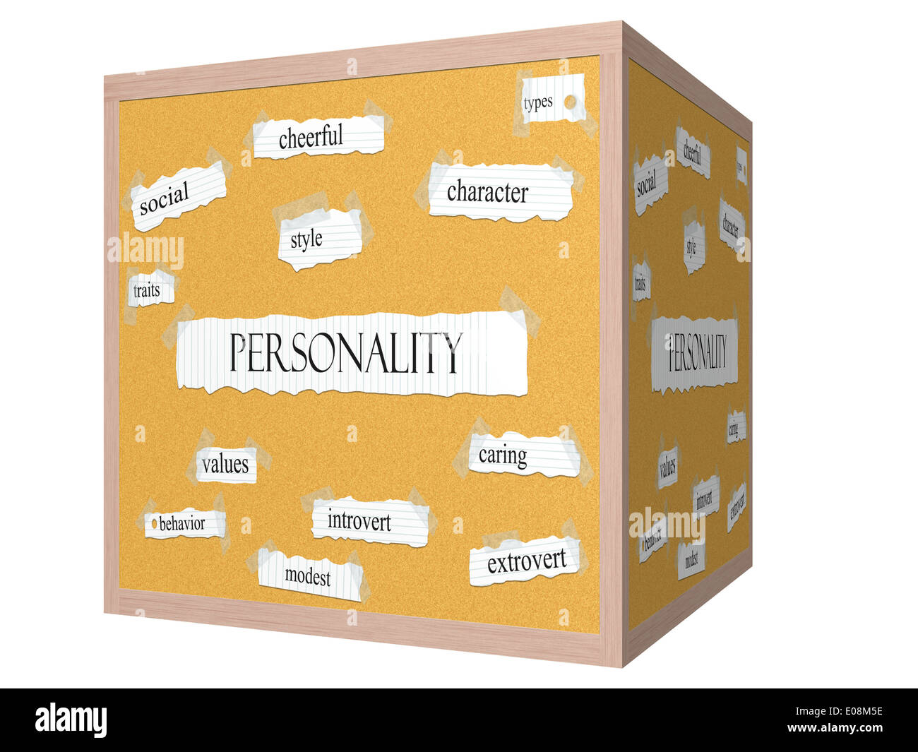 Personality 3D cube Corkboard Word Concept with great terms such as style, traits, types and more. Stock Photo