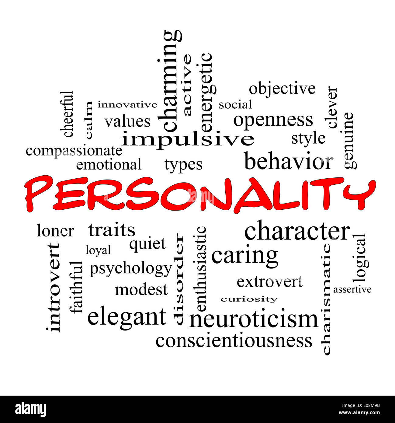 Personality Word Cloud Concept with great terms such as cheerful, character, behavior and more. Stock Photo