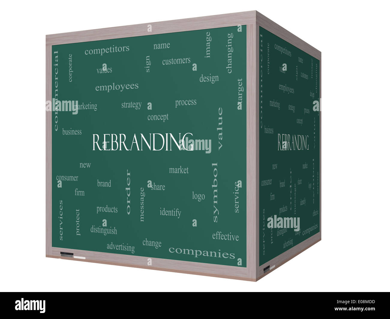Rebranding Word Cloud Concept on a 3D cube Blackboard with great terms such as market, business, logo and more. Stock Photo
