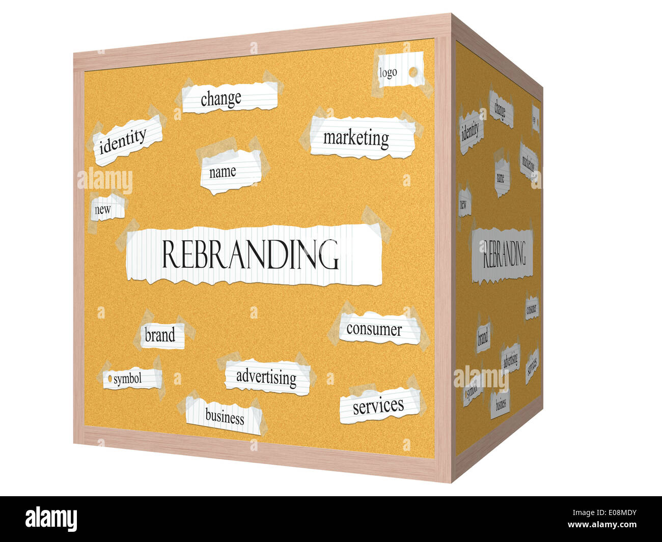 Rebranding 3D cube Corkboard Word Concept with great terms such as new, identity, name and more. Stock Photo