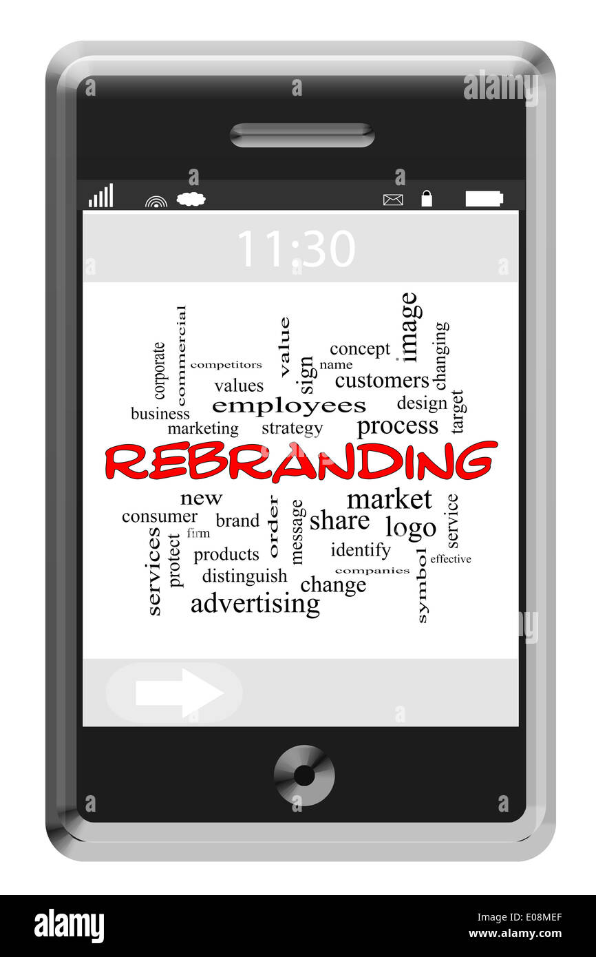 Rebranding Word Cloud Concept on a Touchscreen Phone with great terms such as identity, change, name and more. Stock Photo
