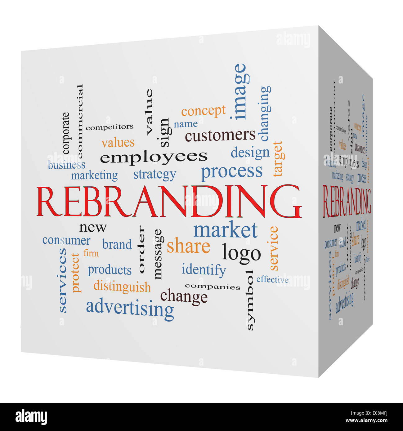 Rebranding 3D cube Word Cloud Concept with great terms such as market, business, logo and more. Stock Photo
