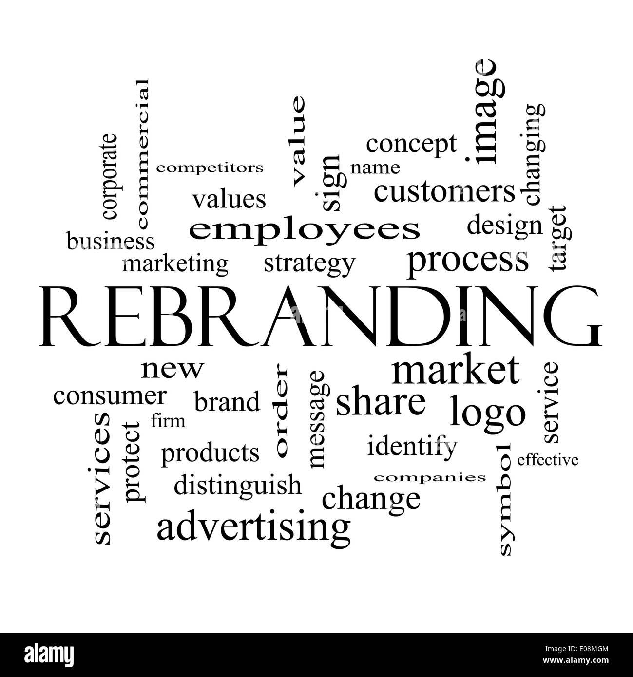 Rebranding Word Cloud Concept in black and white with great terms such as market, business, logo and more. Stock Photo