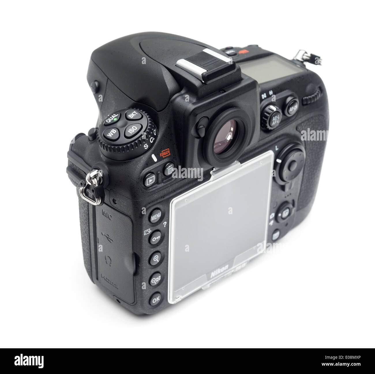 Nikon D800 digital camera cutout on white background Stock Photo