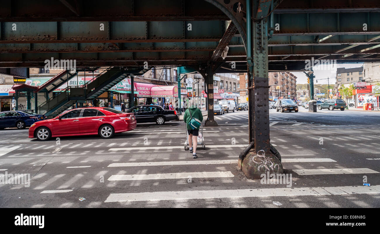 Retail and activities at West 207th Street in the Inwood neighborhood of New York Stock Photo