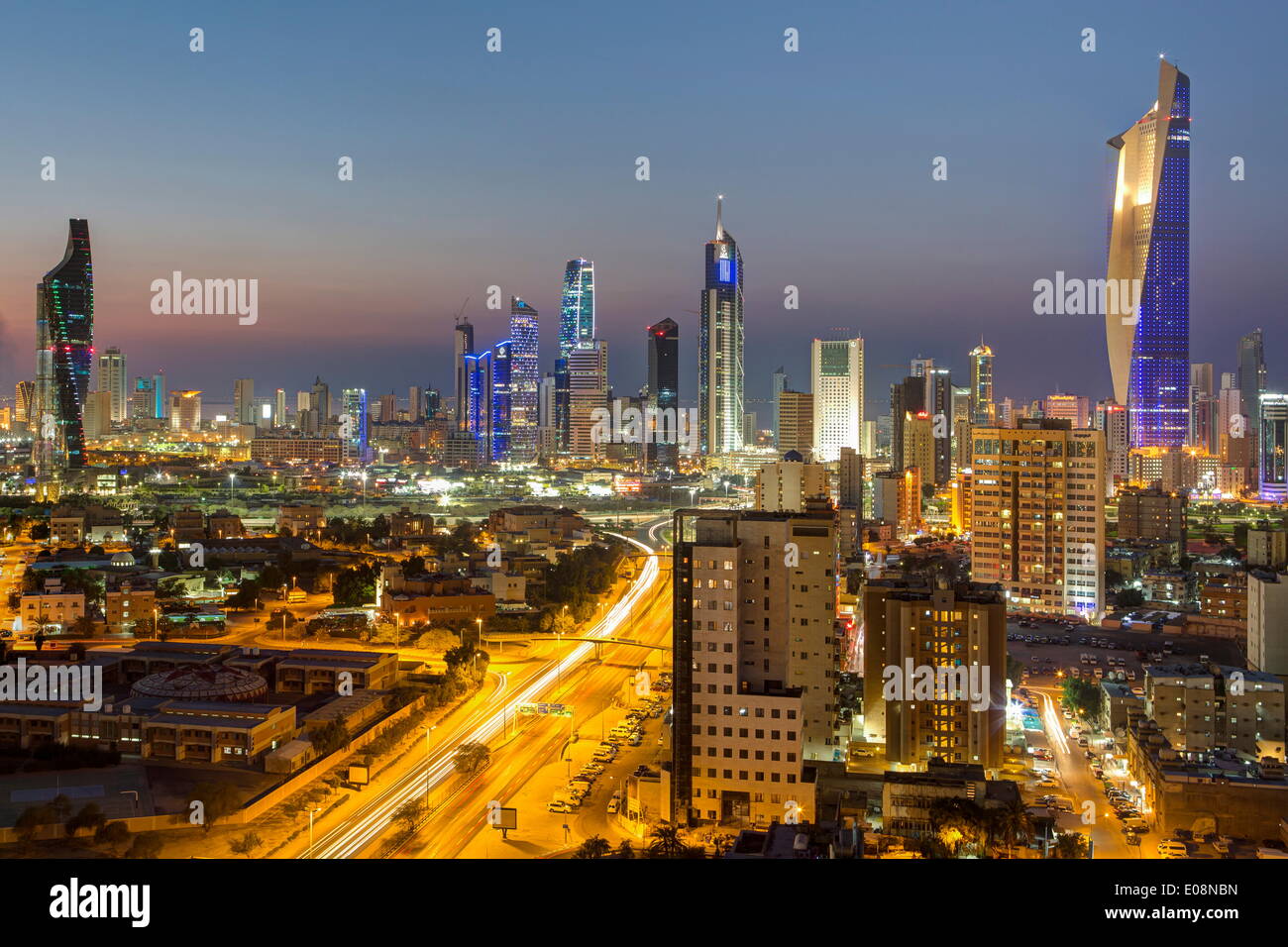 Elevated view of the modern city skyline and central business district, Kuwait City, Kuwait, Middle East Stock Photo