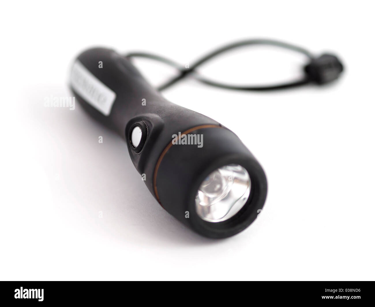 Black flashlight with hand strap isolated on white background Stock Photo