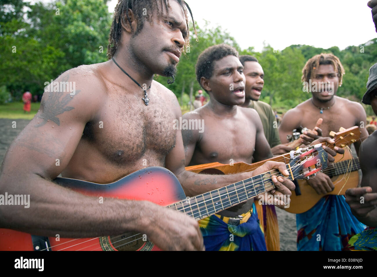 Local South Seas islanders string band, Tanna, Vanuatu, South Pacific Stock Photo