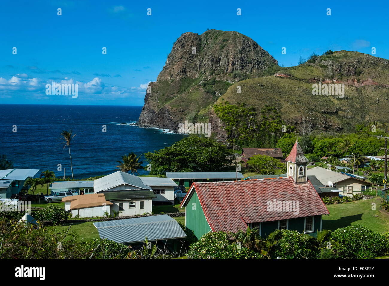 Church in front of the Kahakuloa Head, western Maui, Hawaii, United States of America, Pacific Stock Photo