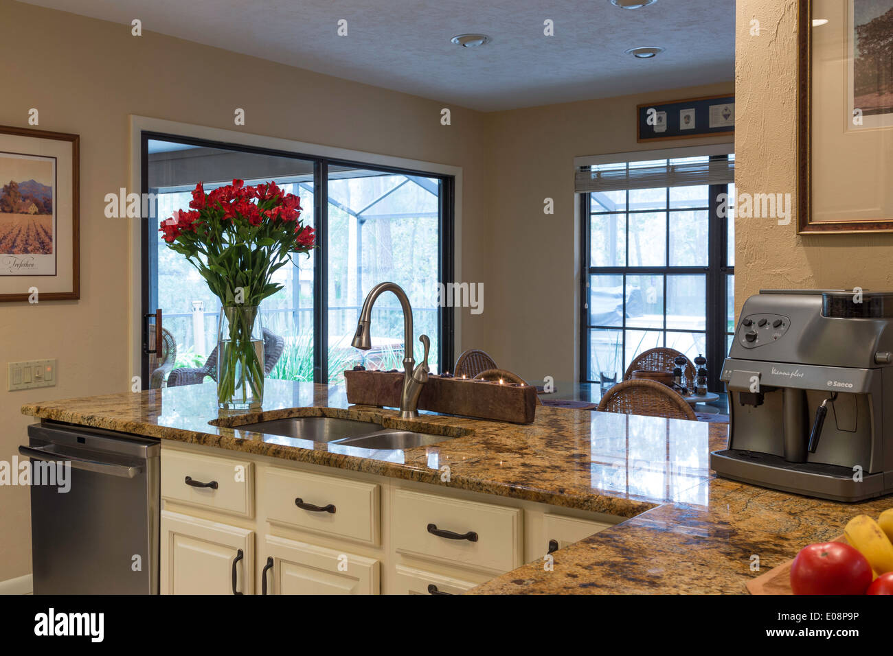 Showcase Modern Kitchen with Pass Through Raised Dining Bar, USA Stock