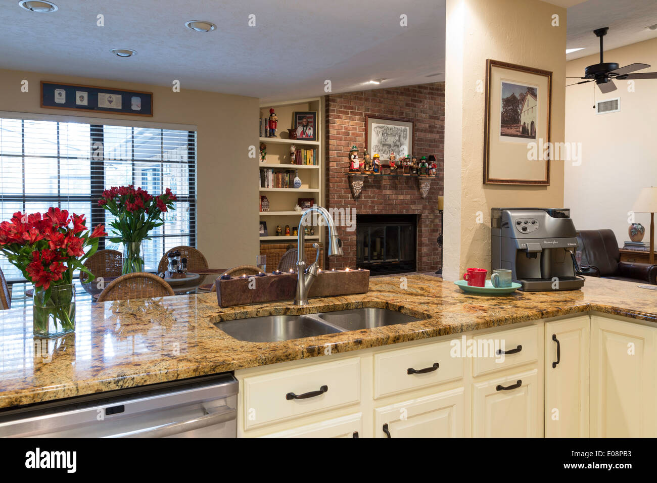 Showcase Modern Kitchen with Pass Through Raised Dining Bar, USA Stock Photo