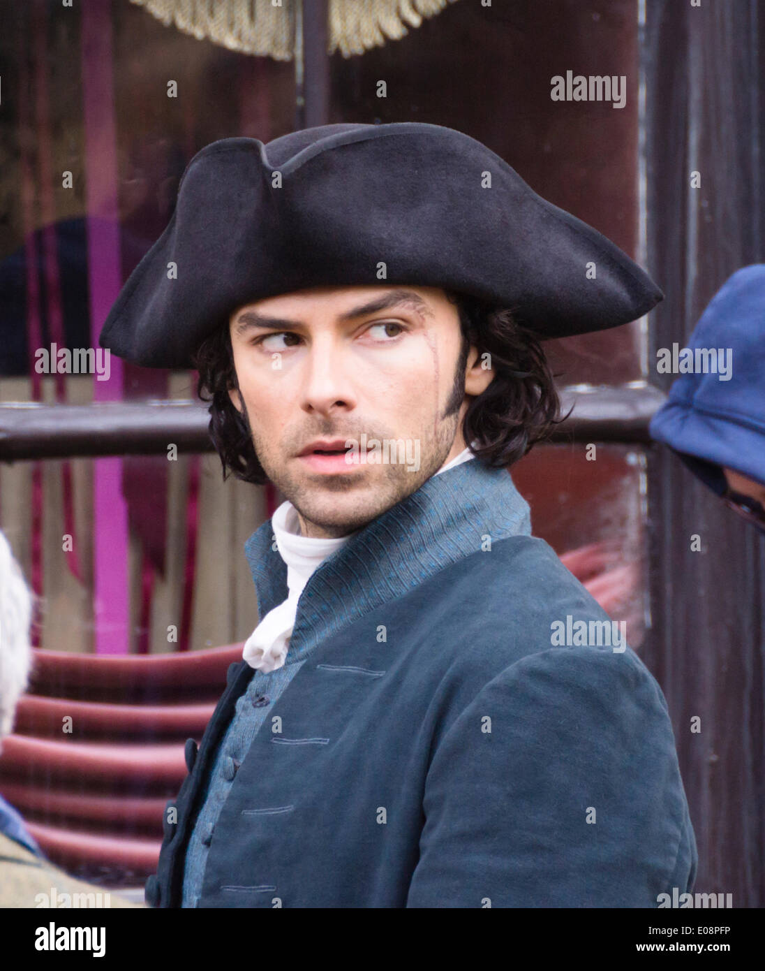 Corsham Wiltshire 6th May 2014  Filming the BBC drama Poldark on location in Corsham Wiltshire. The BBC have taken over this small country town to remake their hit 1970's drama based upon the works of Winston Graham.  Aidan Turner as Ross Poldark Credit:  Mr Standfast/Alamy Live News Stock Photo