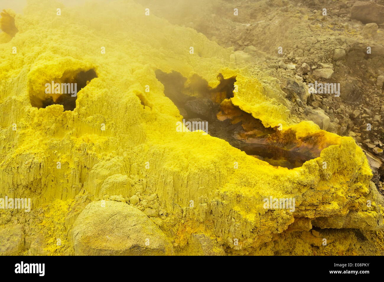 Sulphur encrusted fumarole at Papandayan Volcano, an active four crater ...