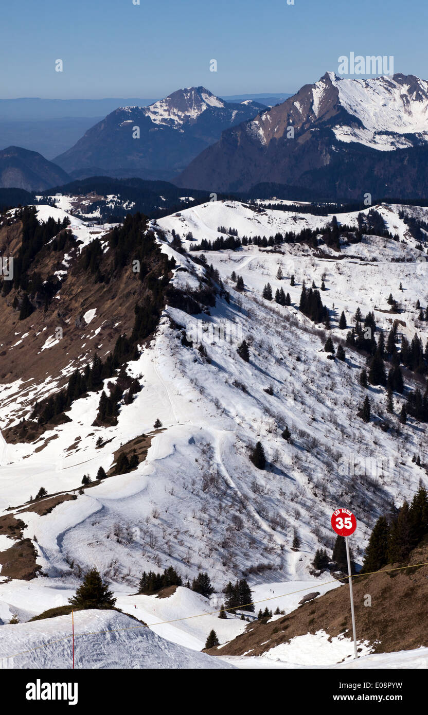 Morzine and Les Gets Panorama: An image taken from near the top  of Les  Arbis  ski run in Morzine. Stock Photo