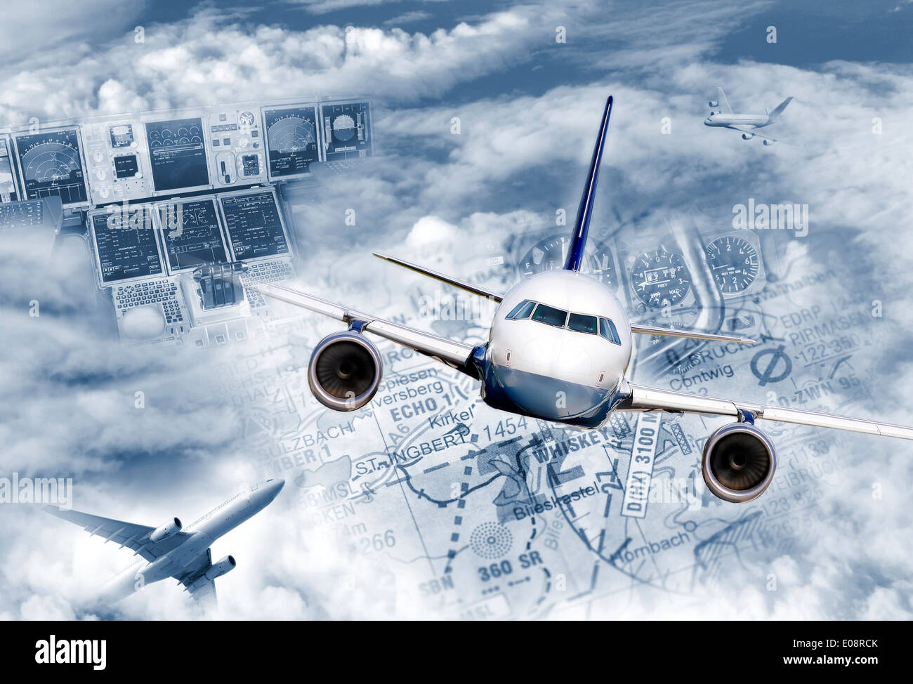 Composing illustrates the modern air traffic. Stock Photo