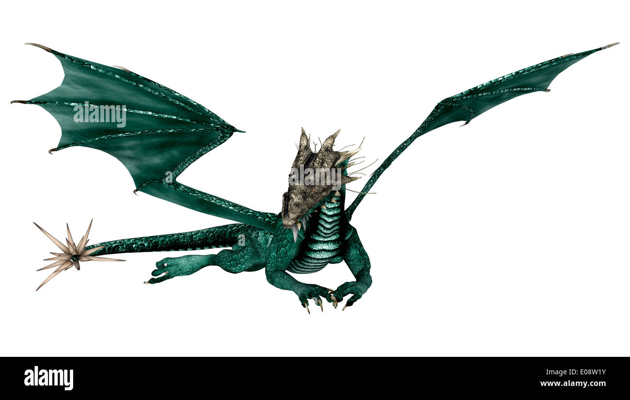3D digital render of a green resting dragon isolated on white ...