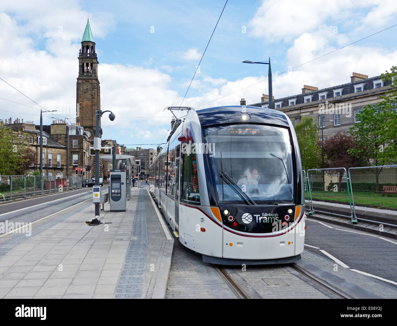 Edinburgh tram at West-end Princes Street stop  in Edinburgh Scotland and heading towards the Airport Stock Photo