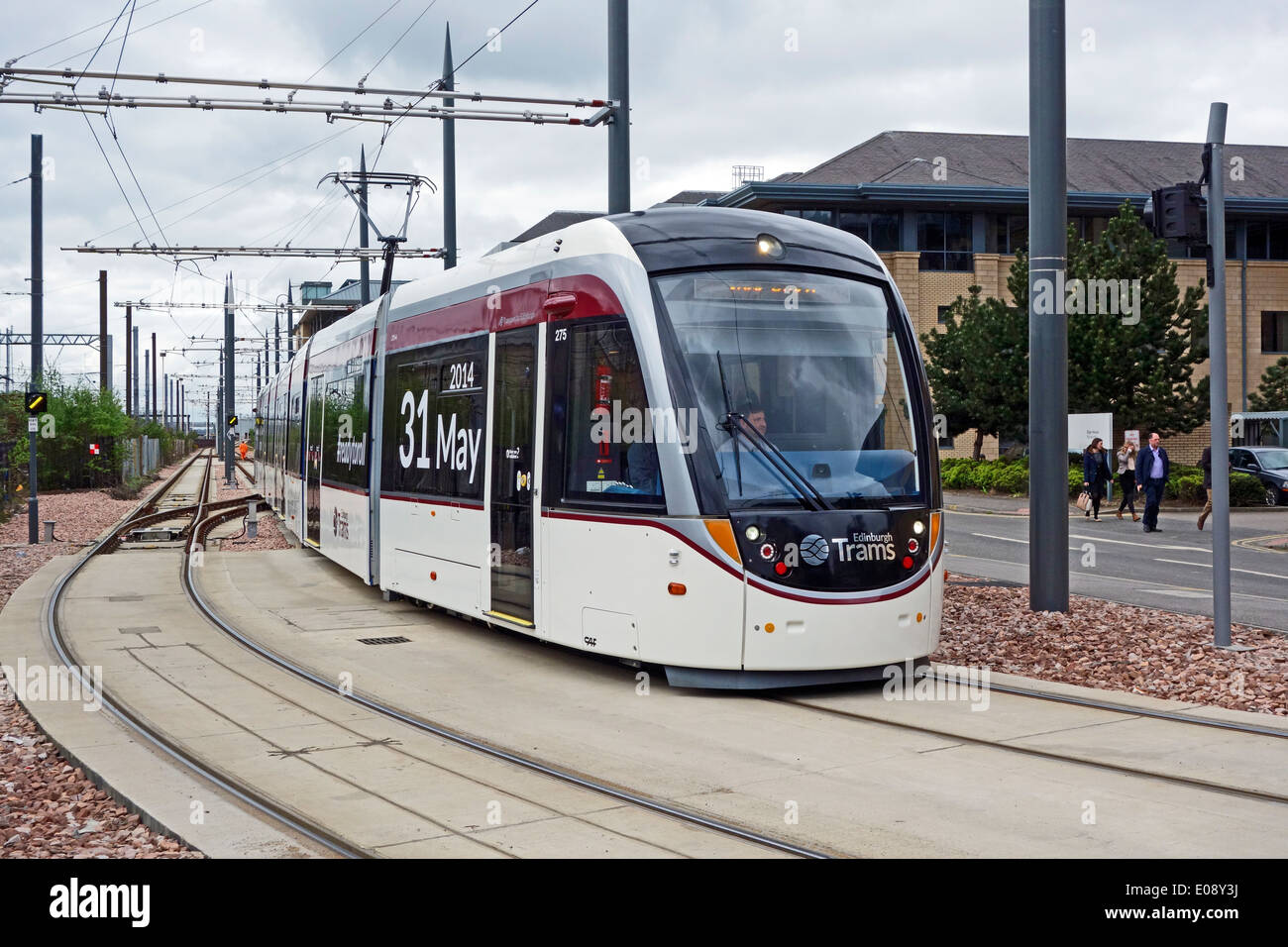 Edinburgh tram approaching Haymarket stop from the Airport  in Edinburgh Scotland and heading towards the City Stock Photo