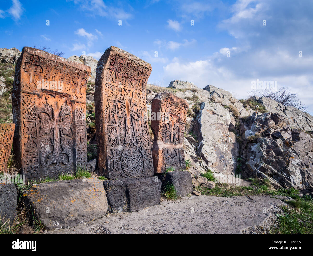 Khachkars in Sevanavank monastery, Armenia. Stock Photo