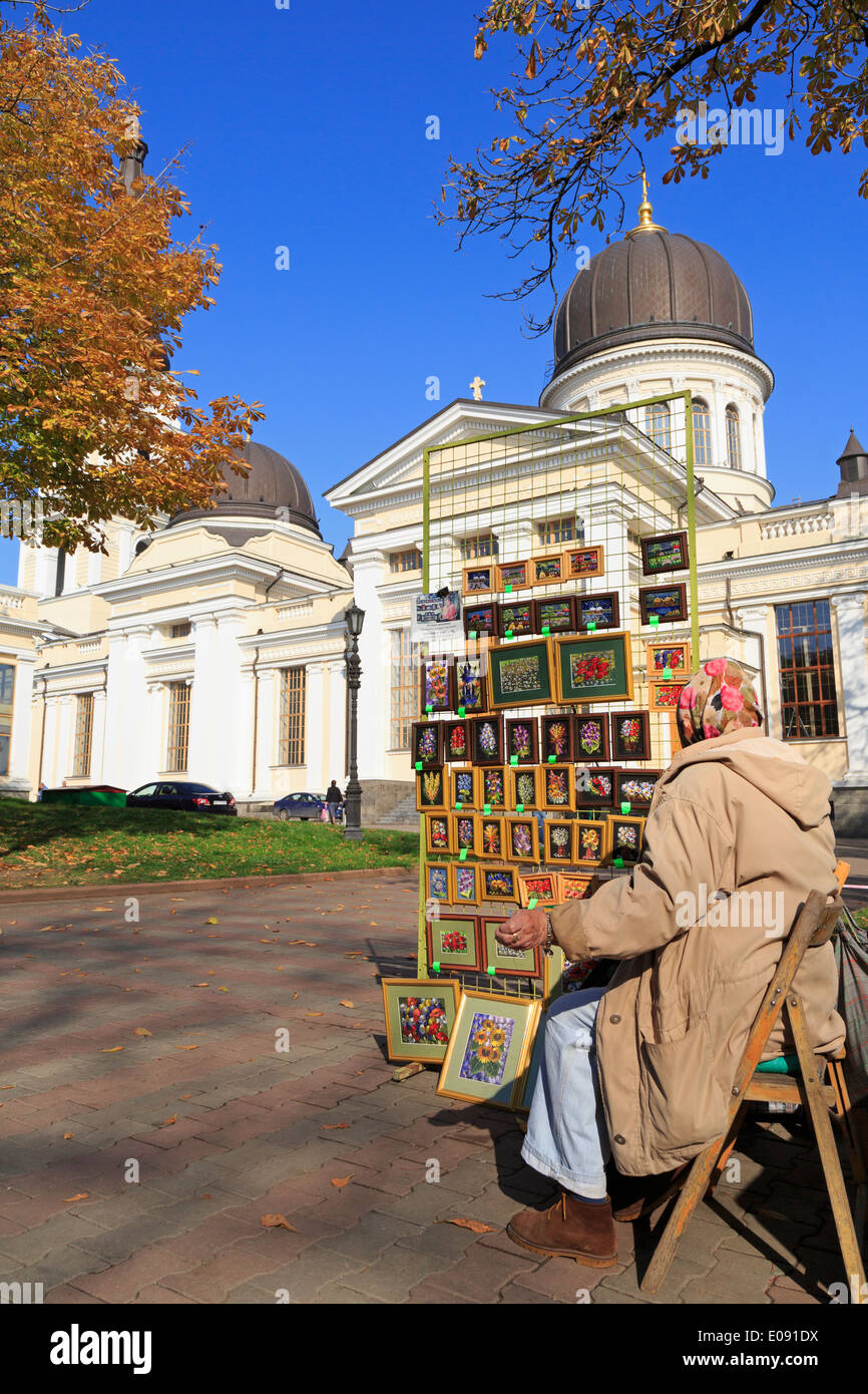 Street artist & Preobrazhensky Cathedral,Odessa,Crimea,Ukraine,Eastern Europe Stock Photo