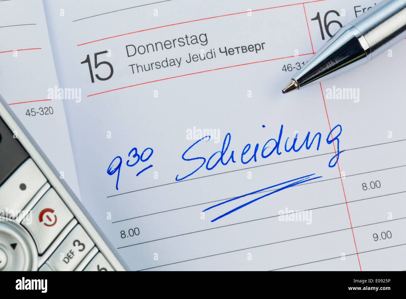 An appointment is put down in a calendar: Separation, Ein Termin ist in einem Kalender eingetragen: Scheidung Stock Photo