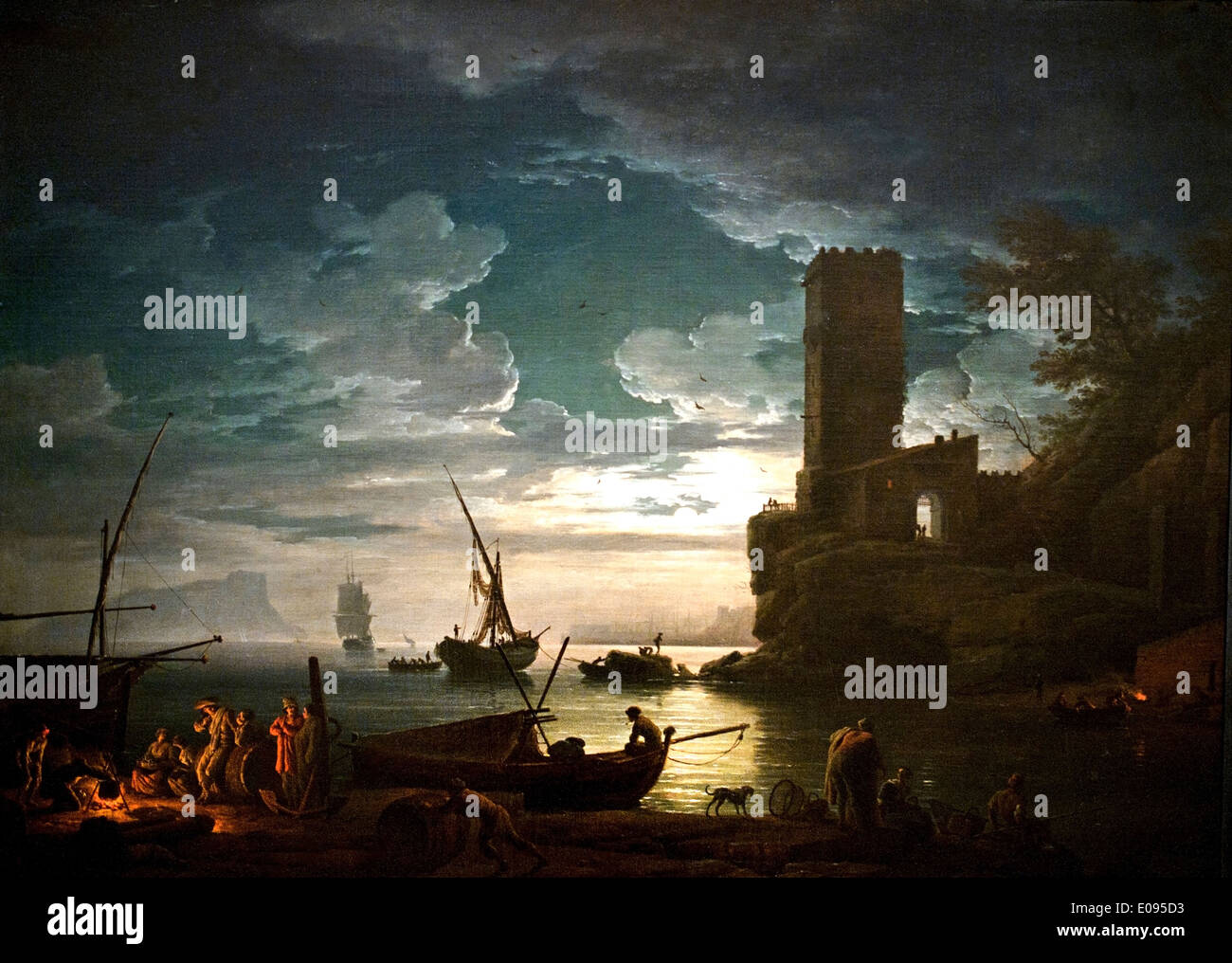 Night: Mediterranean Coast Scene with Fishermen and Boats 1753 Claude-Joseph Vernet 1714-1789 France French Stock Photo