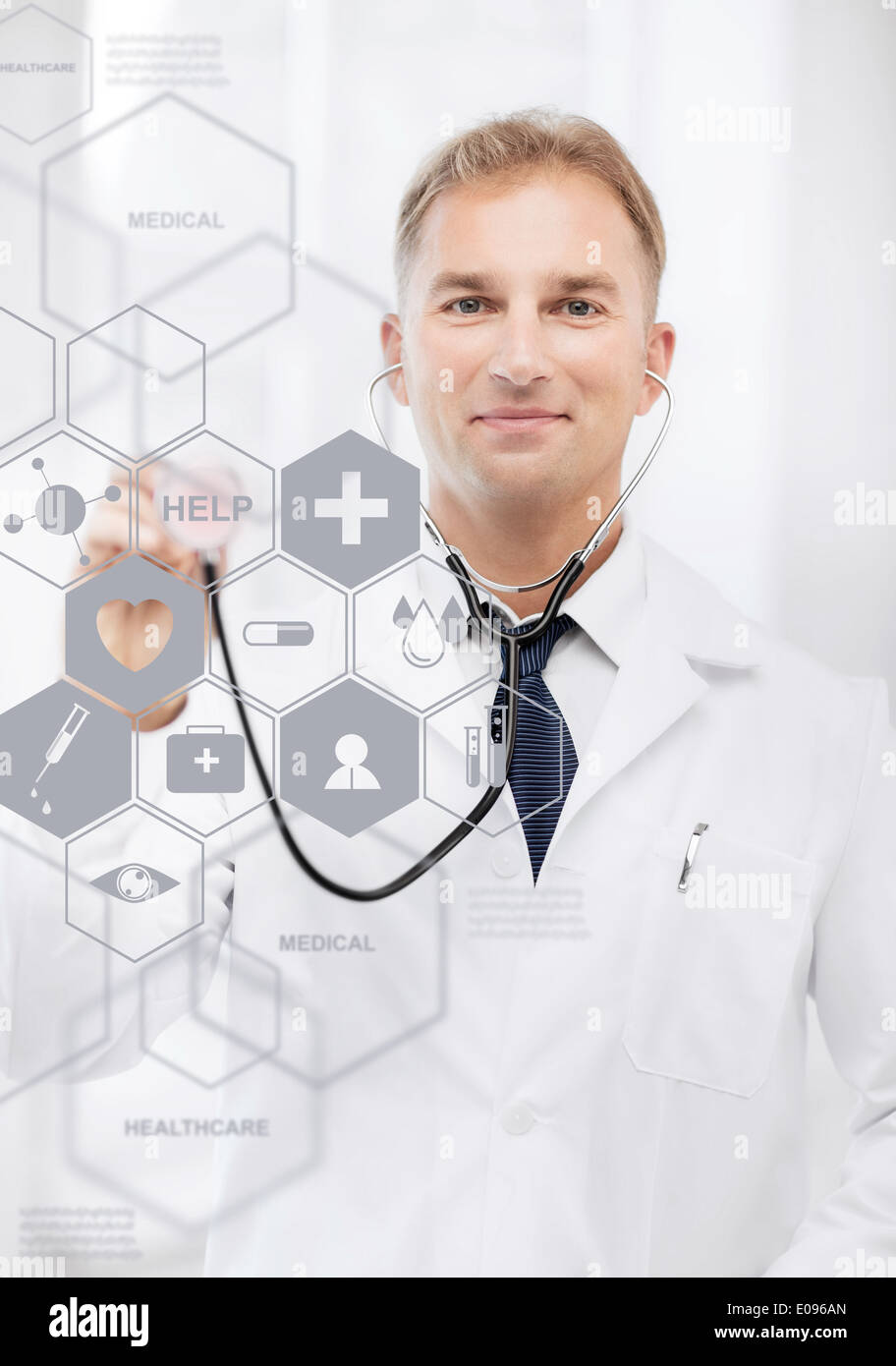 doctor with stethoscope and virtual screen Stock Photo Alamy