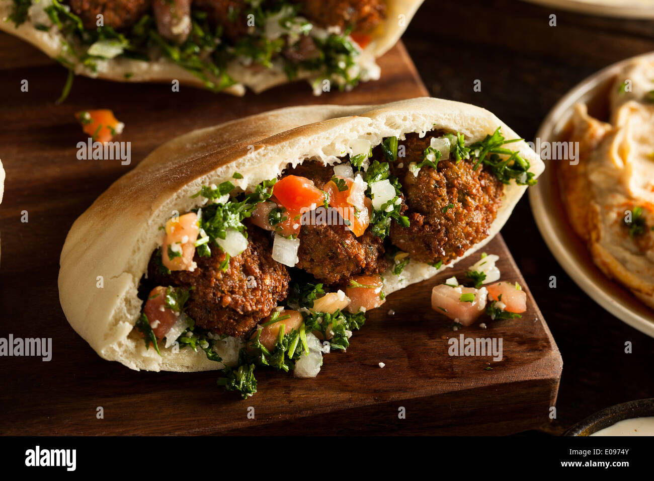 Healthy Vegetarian Falafel Pita with Rice and Salad Stock Photo