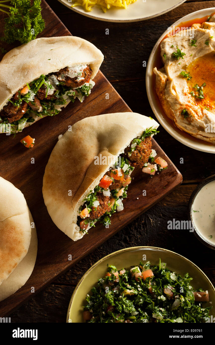 Healthy Vegetarian Falafel Pita with Rice and Salad Stock Photo