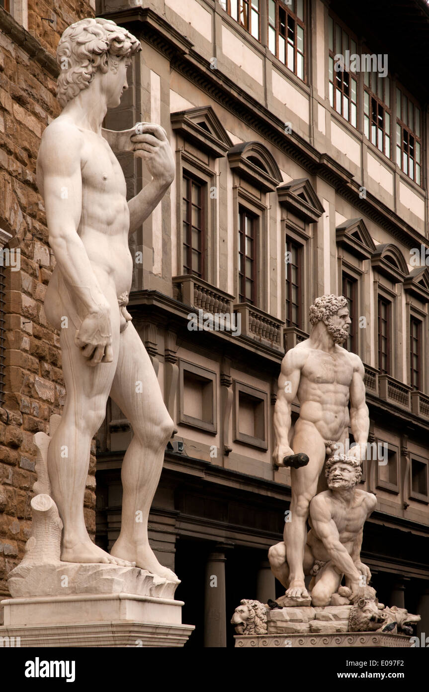 Copy of Michelangelo's David and Hercules and Cacus by Bartolommeo Bandinelli in Piazza della Signoria Florence Italy Stock Photo