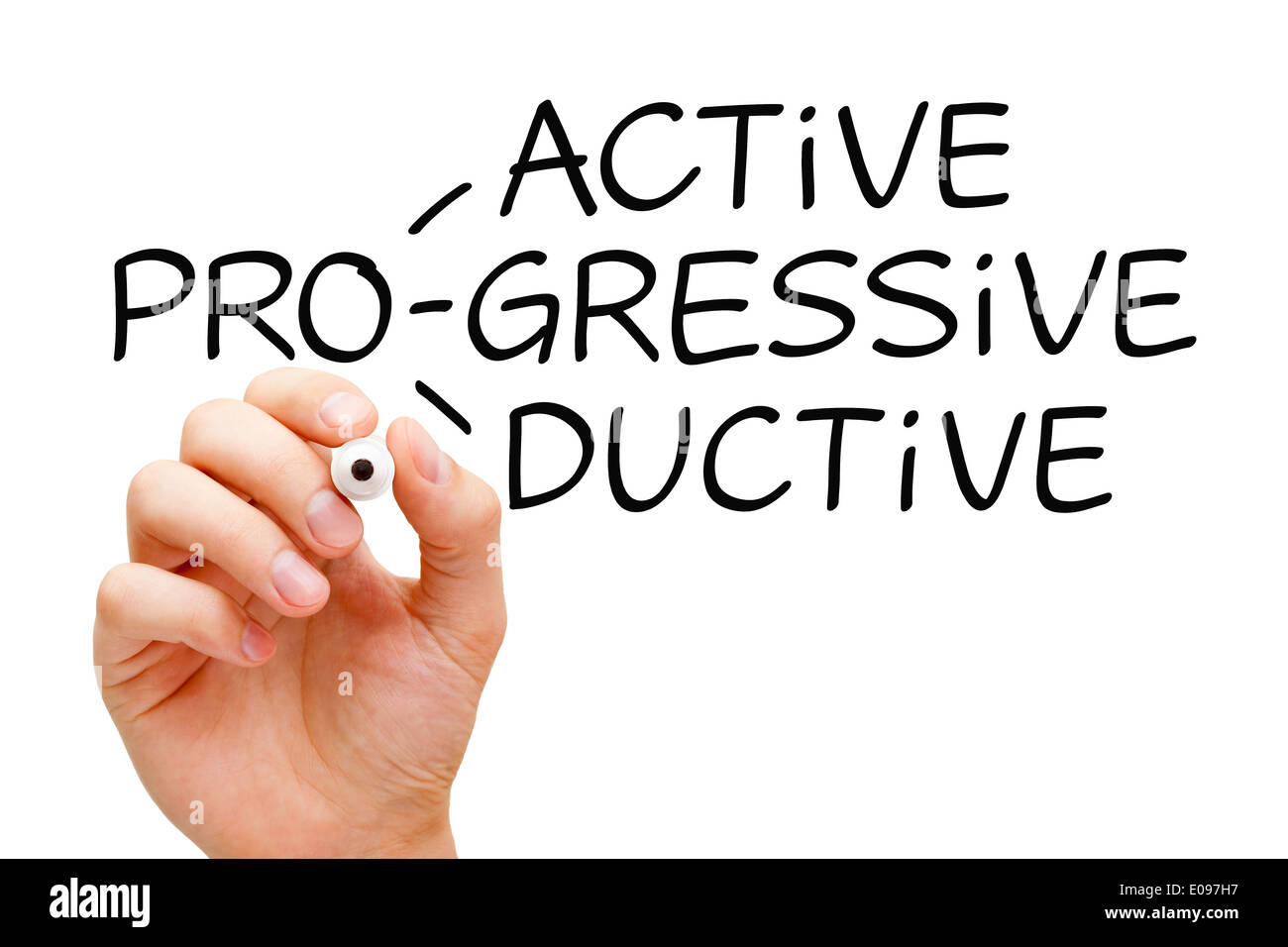 Hand writing Proactive Progressive Productive with black marker on transparent wipe board. Stock Photo