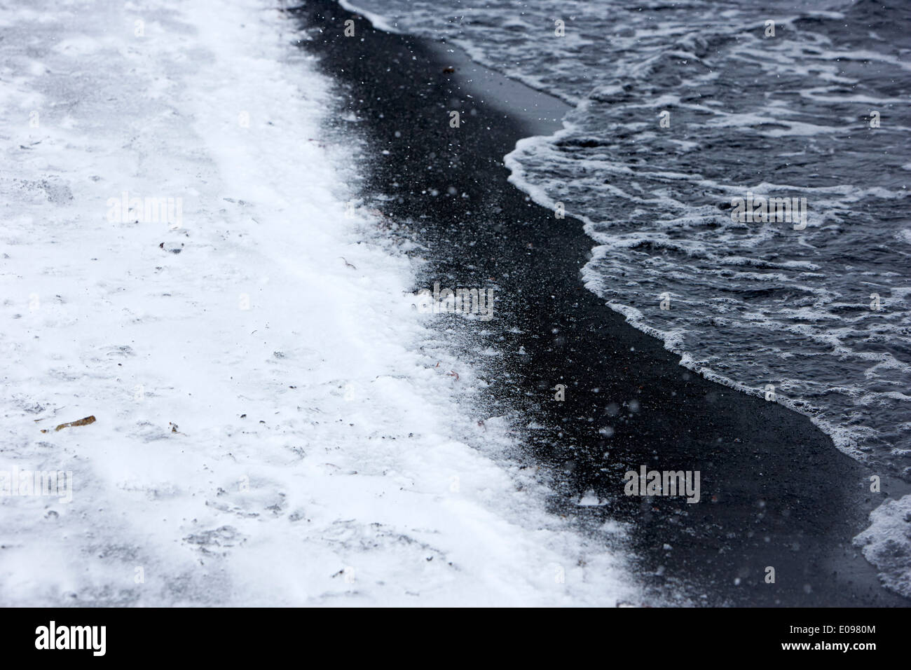 snow falling on black volcanic sand in caldera whalers bay deception island Antarctica Stock Photo