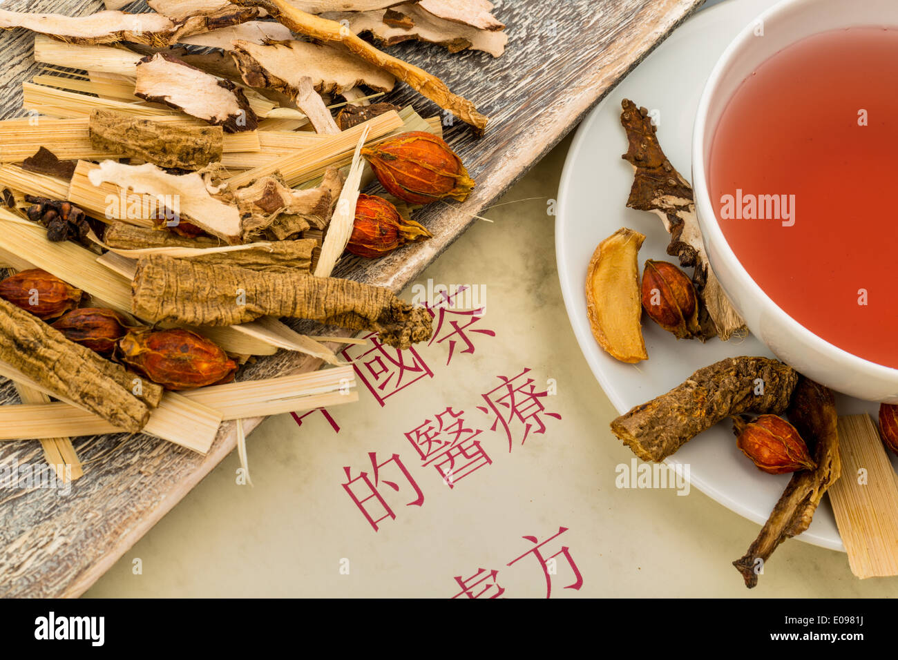 Ingredients for a tea in the traditional Chinese medicine. Healing of illnesses by alternative methods., Zutaten fuer einen Tee Stock Photo