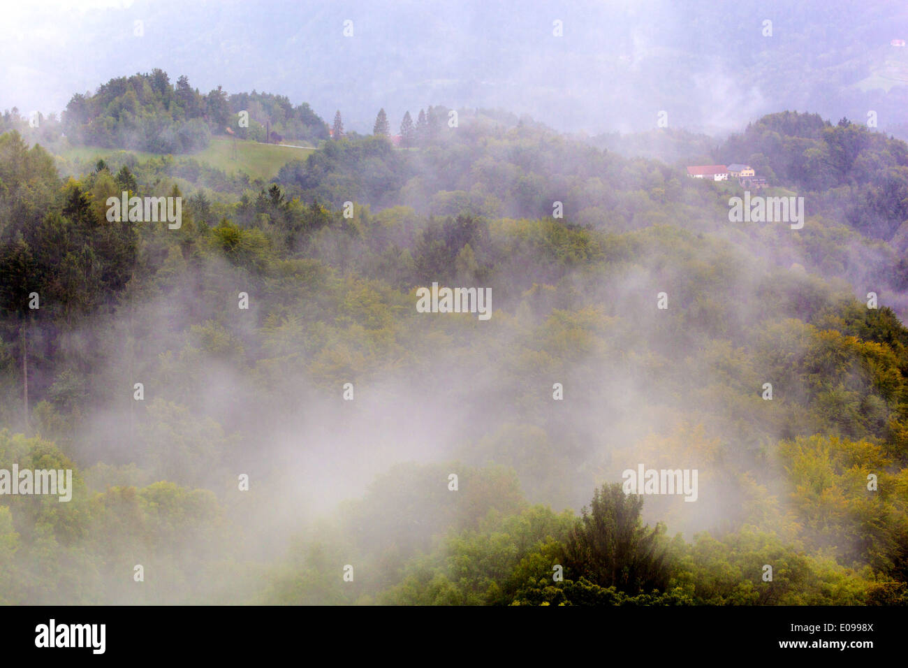 "Fog about mountain landscape in ""Styrian Tuscany"". Suedsteiermark", "Nebel ueber Berglandschaft in der ""steirischen Toskana" Stock Photo