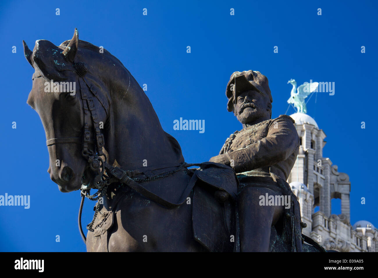 King Edward VII Monument Pier Head Liverpool with Liver Building in Background Stock Photo