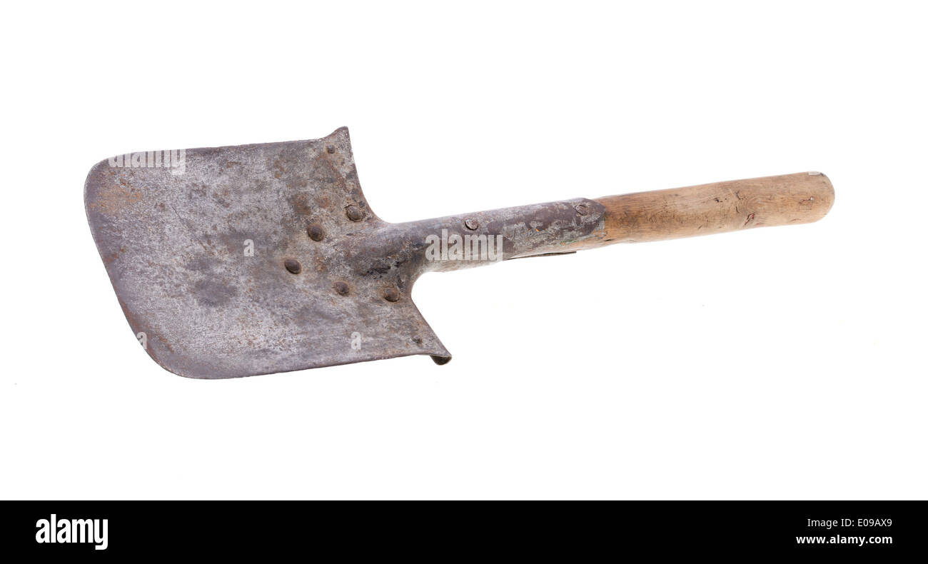 Compact old army spade, isolate on white background Stock Photo
