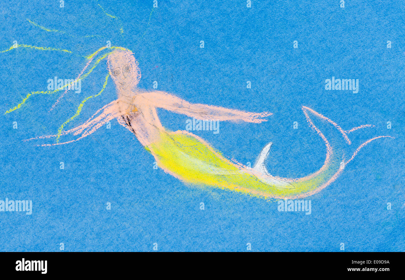 children drawing - water nymph in blue sea Stock Photo