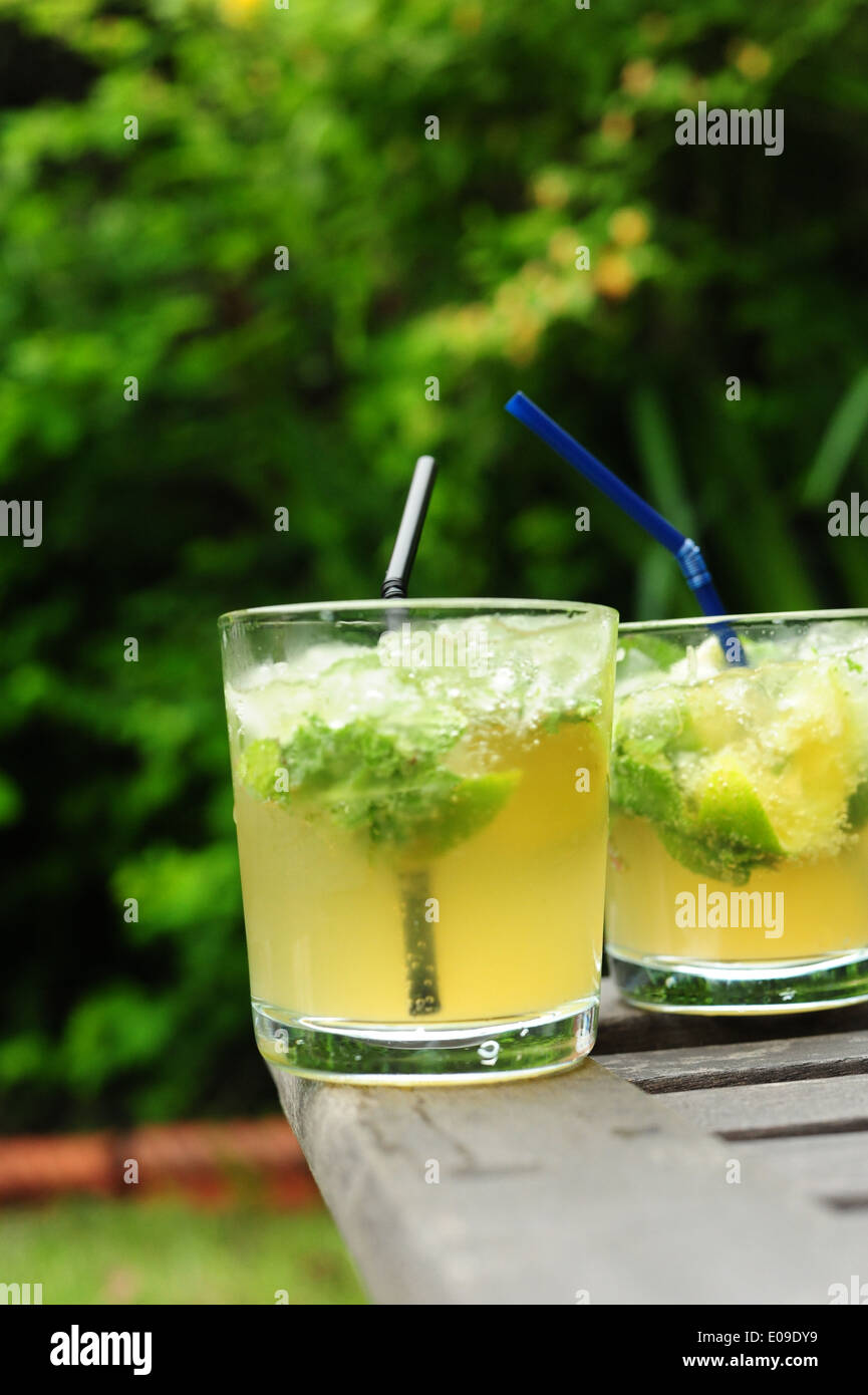 Mojito Cocktail in the garden at an impromptu summer Brazilian Barbecue BBQ Stock Photo