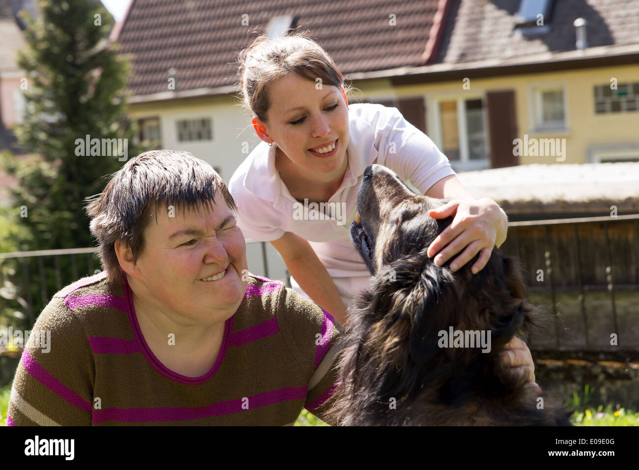two woman are stroking a dog Stock Photo