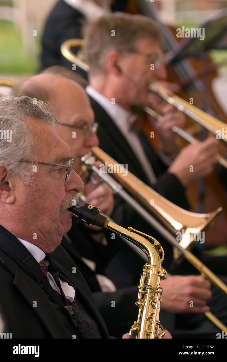 Alton Concert Band entertaining the crowds at Oakhanger May Fayre, Oakhanger, Hampshire, UK. Stock Photo