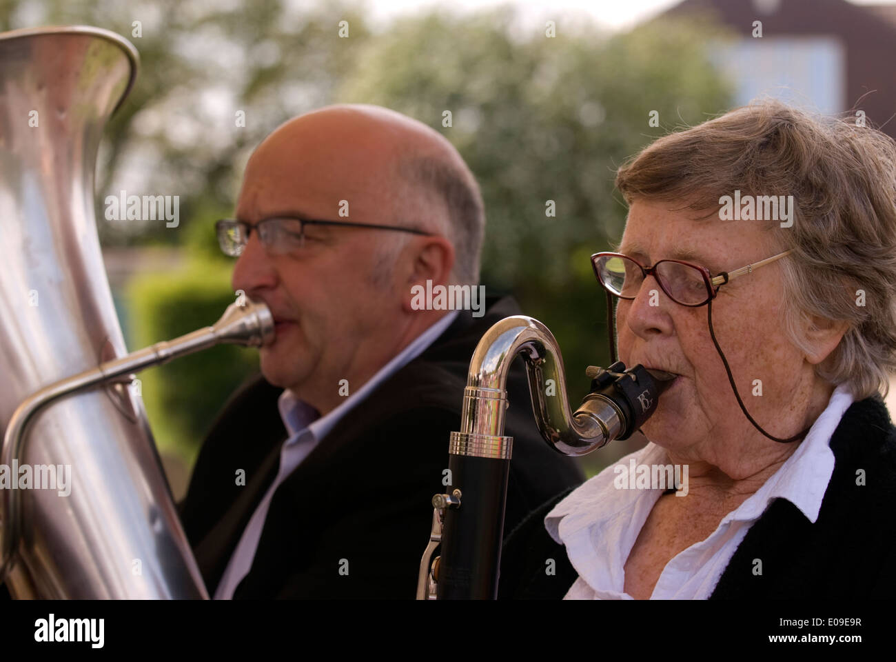 Alton Concert Band entertaining the crowds at Oakhanger May Fayre, Oakhanger, Hampshire, UK. Stock Photo