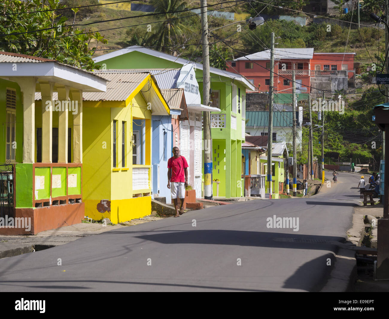 Caribbean, Lesser Antilles, Saint Lucia, Dennery, houses and street