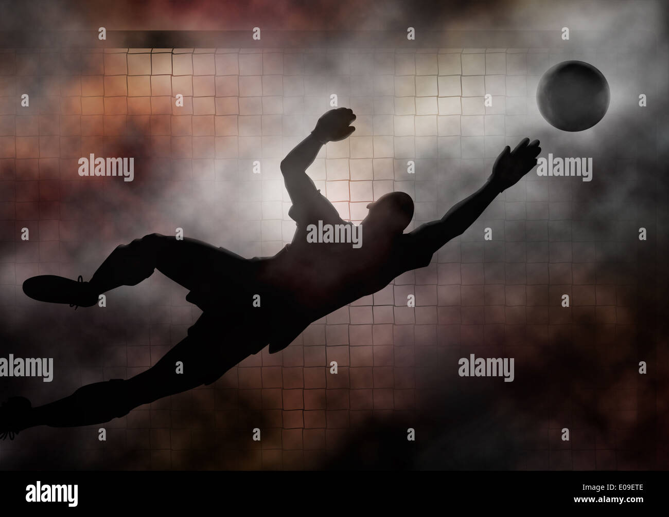 Dramatic illustration of a soccer goalkeeper diving to save a shot Stock Photo