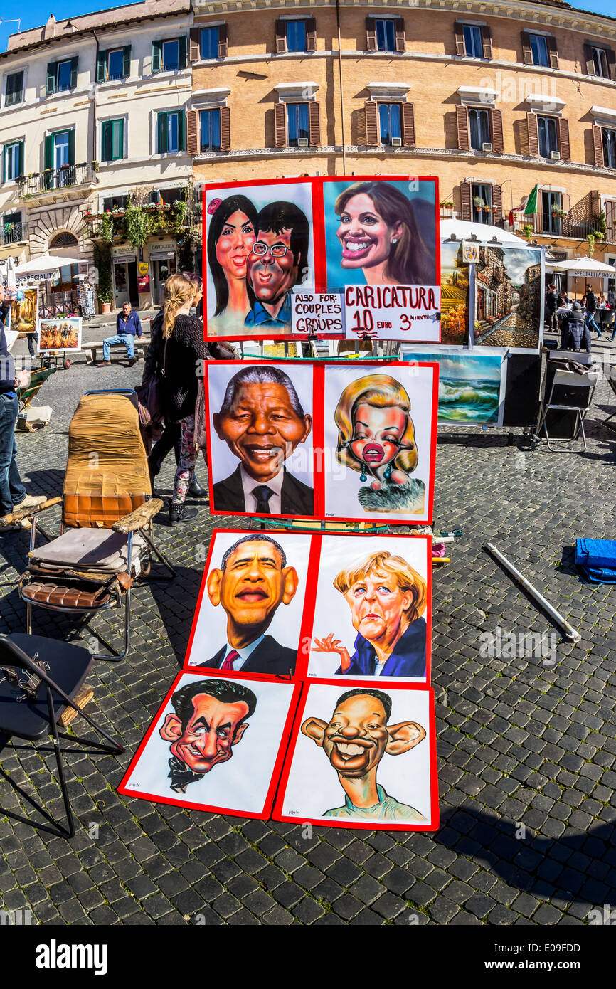 Italy, Rome, Piazza Navona, Cartoons of a street artist Stock Photo